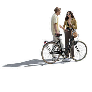 cut out man with a bike talking to a young woman