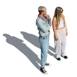 two cut out people standing and looking in one direction seen from above