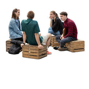 four cut out young people sitting on wooden crates and talking 