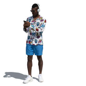 cut out young black man standing and listening to music from his phone