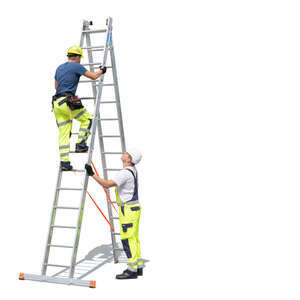 two cut out workers climbing a ladder
