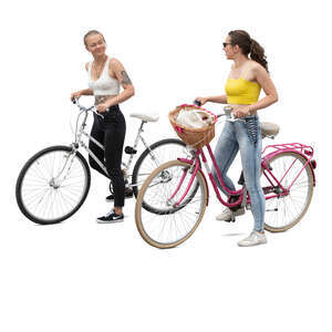 two cut out young women with bikes standing and talking