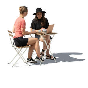 two cut out women sitting in cafe with laptop and talking