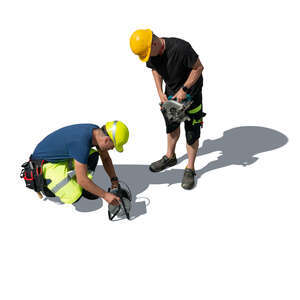 two cut out workmen working seen from above