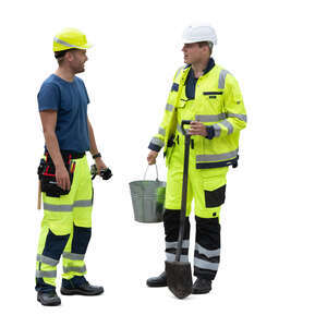 two cut out construction workers standing and talking