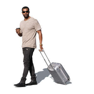cut out man with a suitcase walking and drinking coffee