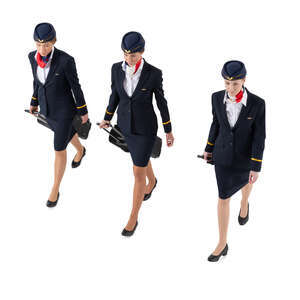 three cut out fligt attendants walking seen from above