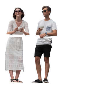 cut out man and woman standing on a balcony and drinking coffee
