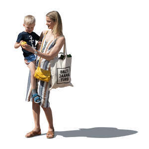 cut out woman standing and holding her son