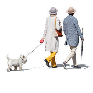 cut out elderly couple with a dog walking on a sunny spring day