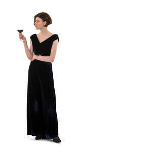 cut out woman in a black dress standing and drinking wine
