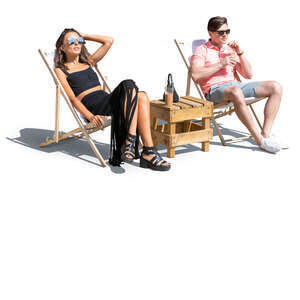 cut out man and woman relaxing on beach chairs and drinking cold drinks