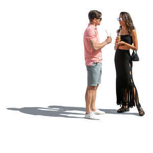 cut out man and woman with drinks standing and talking