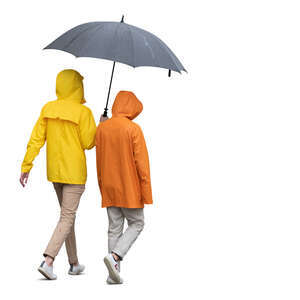 two cut out people in raincoats walking under an umbrella