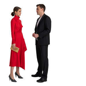 cut out woman in a red dress talking to a man in a suit