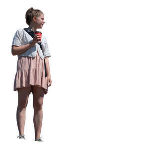 cut out woman standing on a balcony and drinking coffee