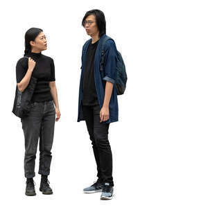 cut out asian woman and man standing and talking