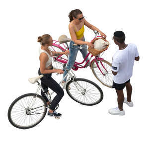 two cut out girls with bikes talking to a man