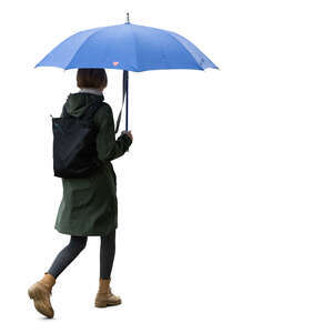cut out woman with a blue umbrella walking in the rain