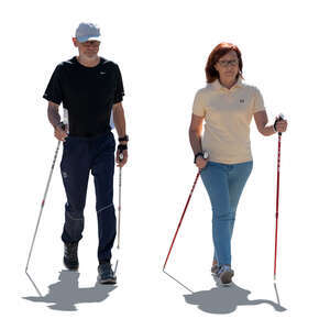 cut out backlit elderly couple nordic walking