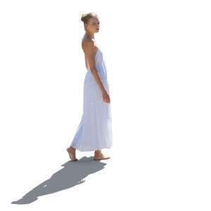 cut out woman in a white dress walking barefoot