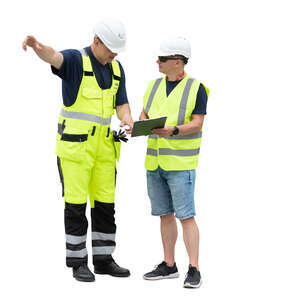 two cut out construction workers discussing plans