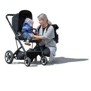 cut out woman talking with her little child in a stroller
