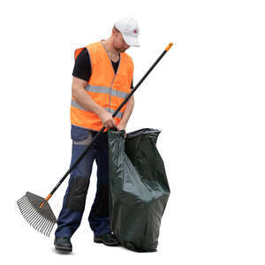 cut out municipal worker with rake nad trash bag standing