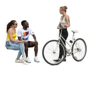 two cut out people sitting and talking to a woman with a bike