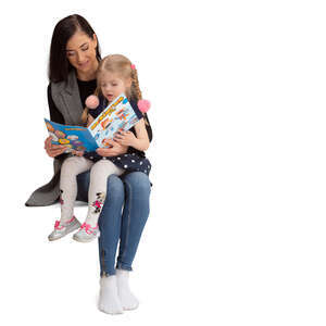 cut out girl sitting on her mothers lap and reading a book