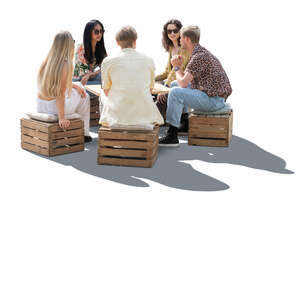 cut out backlit group of people sitting on boxes and talking