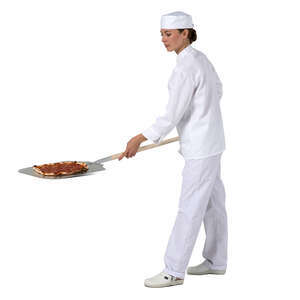 cut out female cook taking a pizza out of the oven