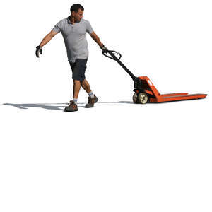 man pulling a hand pallet truck