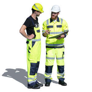 two workmen standing and talking