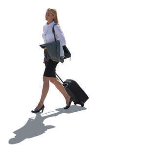 cut out backlit businesswoman with a suitcase walking