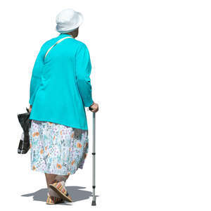 older woman with a walking stick walking