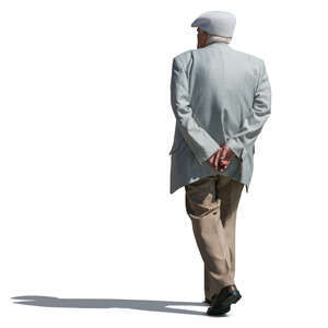 older man with a hat walking