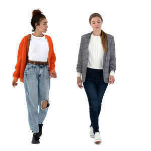 two cut out women walking and talking