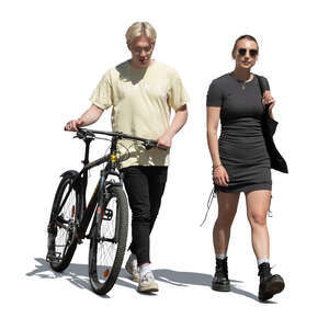 cut out woman and and young man with a bike walking side by side