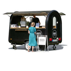 cut out woman buying coffee from a street coffee van