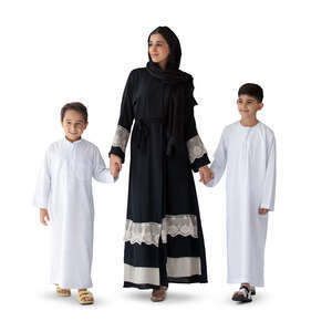 cut out arab woman walking hand in hand with her two sons