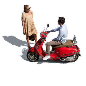 top view of a man on a vespa scooter talking to a woman