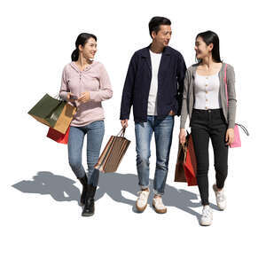 cut out group of three asian people with shopping bags walking
