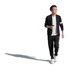 cut out young asian man walking and drinking coffee