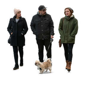 cut out group of friends with a dog walking in autumn