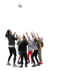 cut out group of children and an adult playing ball
