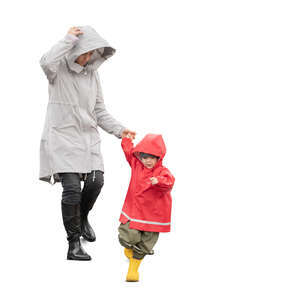 cut out mother and son walking down the stairs in the rain