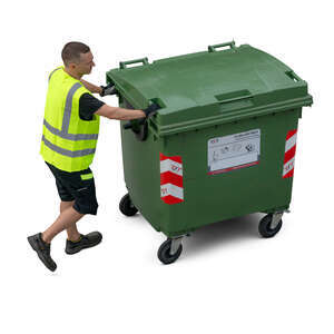 cut out workman pushing a garbage bin seen from above