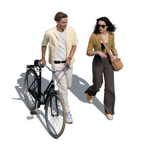 cut out man with a bicycle walking side by side with a woman