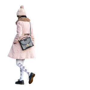 cut out woman in a pink overcoat walking